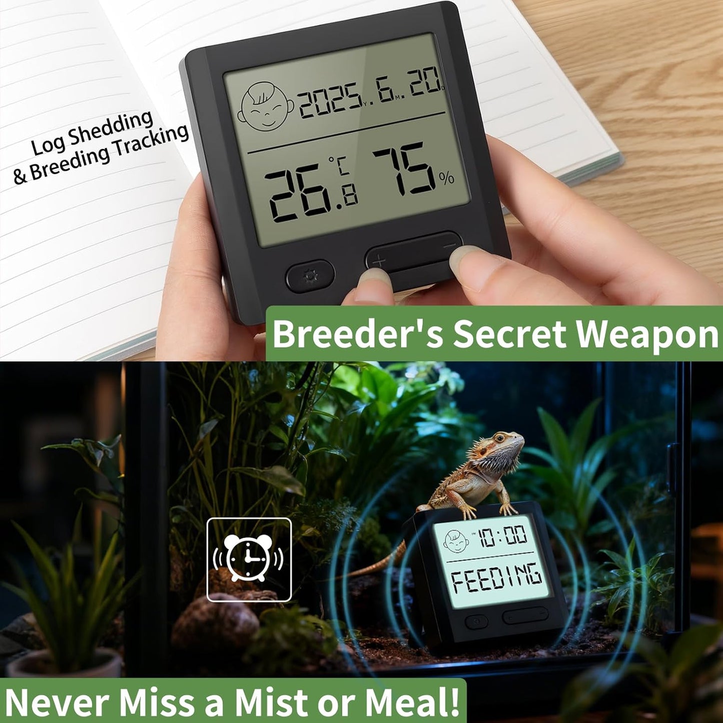 Reptile Thermometer Hygrometer – Digital Terrarium Thermometer for Snakes, Lizards, Spiders | Accurate Temperature & Humidity Gauge with Alarm, Backlit Display