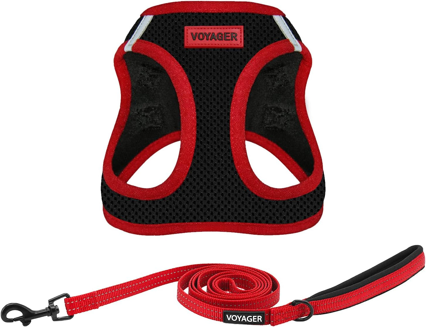 Best Pet Supplies Voyager Step-in Air All Weather Mesh Harness and Reflective Dog 5ft Leash Combo with Neoprene Handle, for Small, Medium and Large Breed Puppies - Set (Red Trim), X-Small