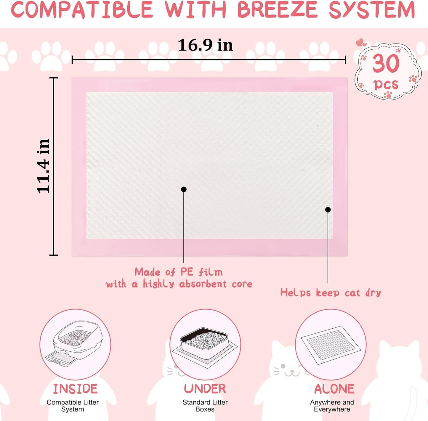 50 Count Cat Litter Pads for Tidy Cats Breeze Litter System 16.9 x 11.4 Inch Lavender Scented Cat Pad Refills Super Absorbent Quick-Dry Pee Pads for Cats (Pink)