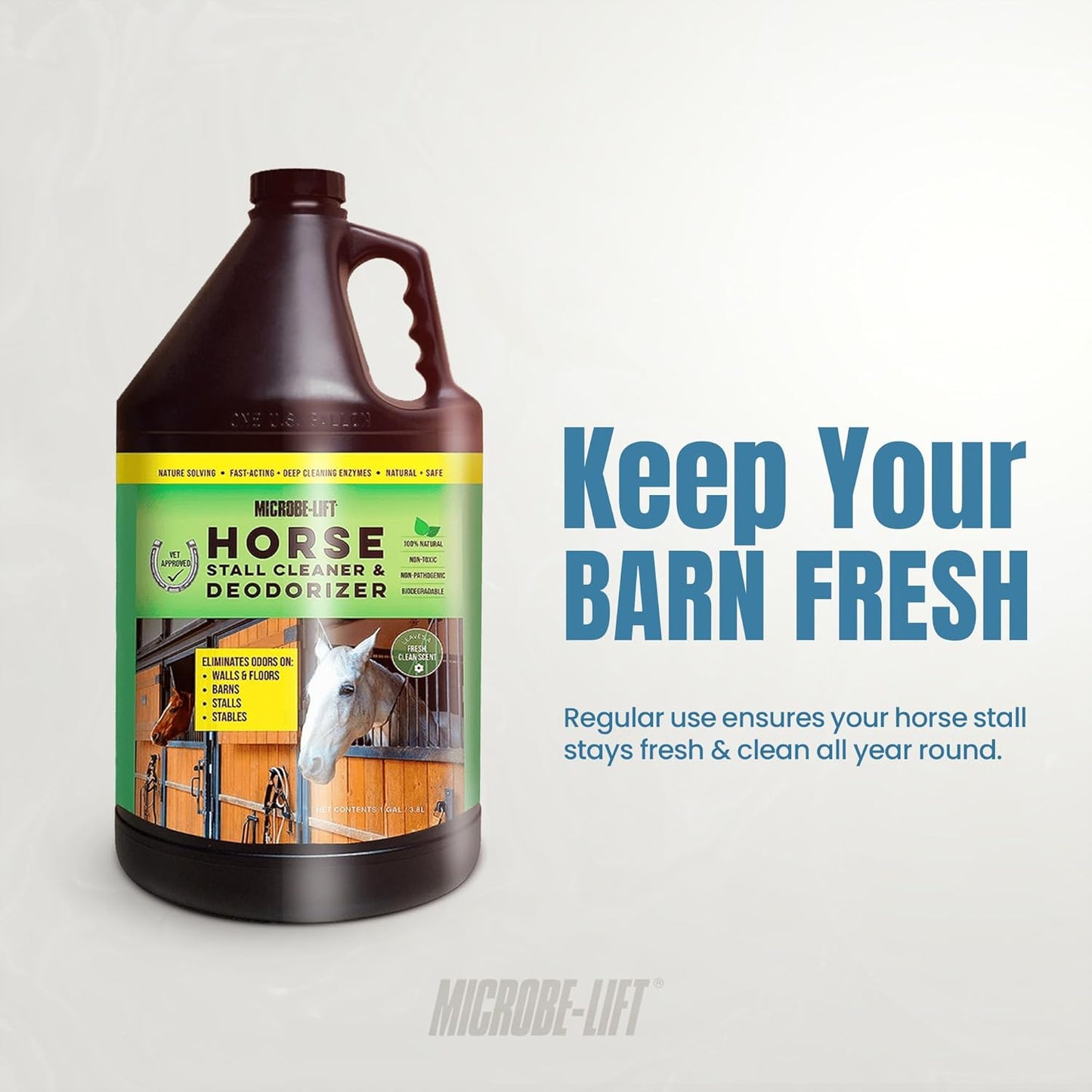 Microbe-Lift Horse Stall Cleaner & Deodorizer – 1 Gallon – Safe Concentrated Spray for Barns, Stables & Horse Areas – Fresh Clean Scent for All Surfaces – Food & Water Safe Formula