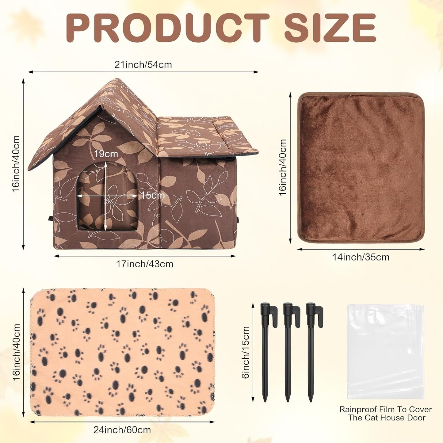 3 Pcs 21"x 18" Outdoor Waterproof Cat House with Curtained Door Self Warming Pad Blanket Large Feral Cat Shelter Winter Leaf Collapsible Kitty Dog Bed Outside, 3 Tent Stakes, Easy Assemble