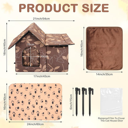 3 Pcs 21"x 18" Outdoor Waterproof Cat House with Curtained Door Self Warming Pad Blanket Large Feral Cat Shelter Winter Leaf Collapsible Kitty Dog Bed Outside, 3 Tent Stakes, Easy Assemble