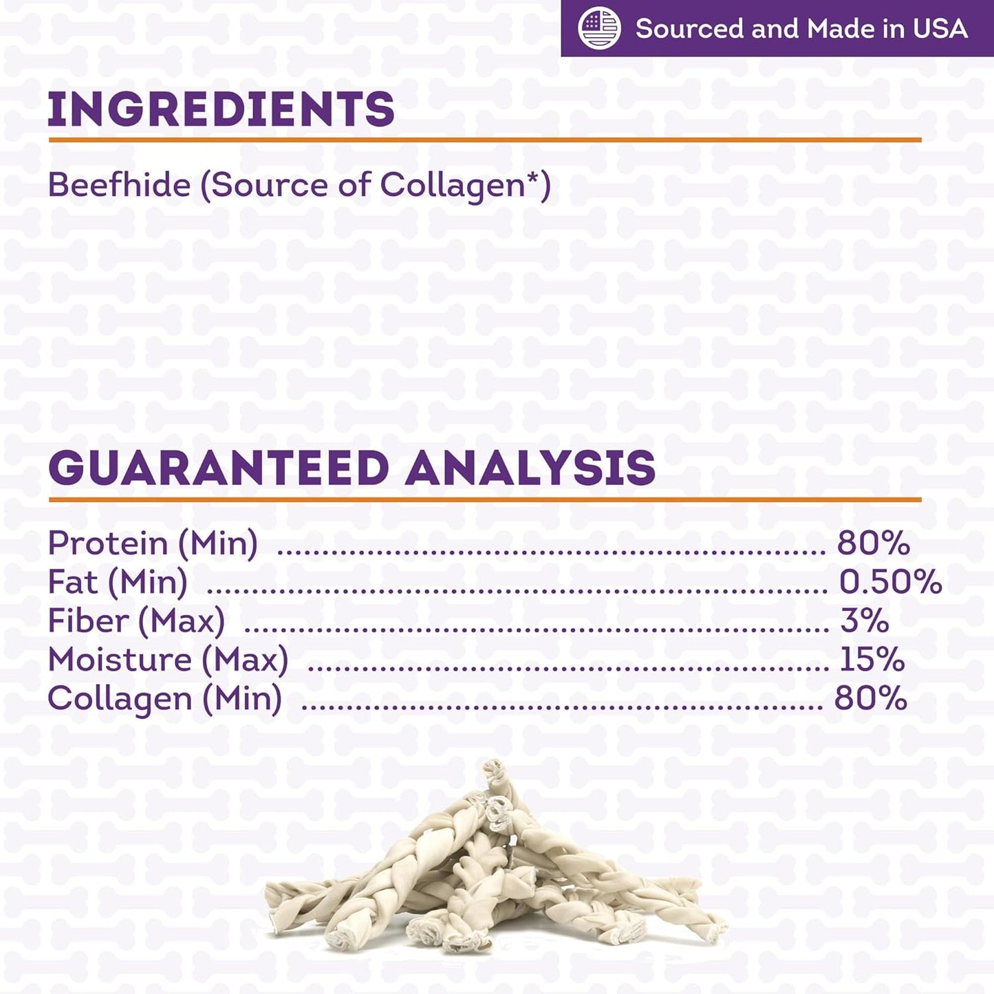 USA Collagen Braids 6-7" Dog Chew Treats - Natural Flavor, 6 Count/1 Pack