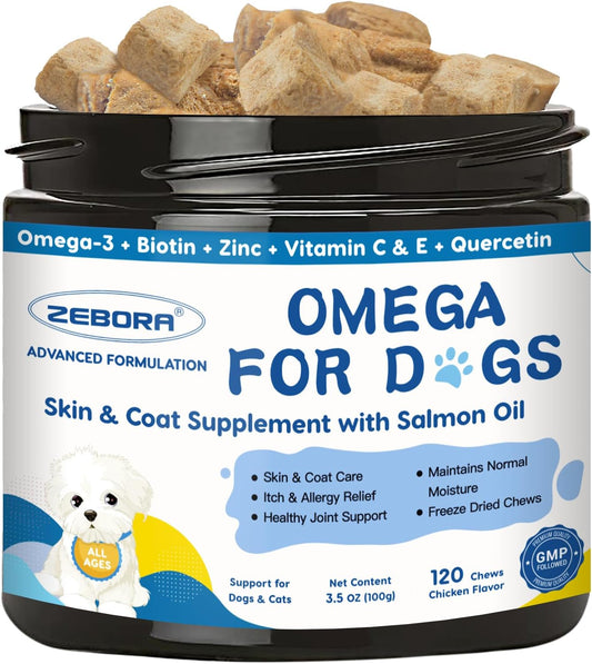 Omega 3 for Dogs with Salmon Oil, Fish Oil for Dogs Skin and Coat Supplement, Dog Allergy Relief, Hot Spot Treatment, Anti Shedding, Hip & Joint Support with EPA & DHA, Biotin, Vitamin E