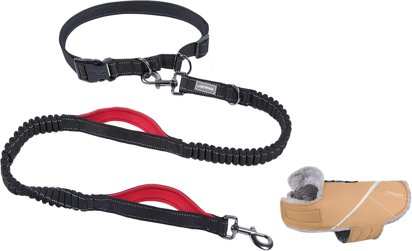 VIVAGLORY Hands Free Dog Leash + Dog Coat, Running Waist Leash with Belt for Running Walking, Warm Fleece Lined Reflective