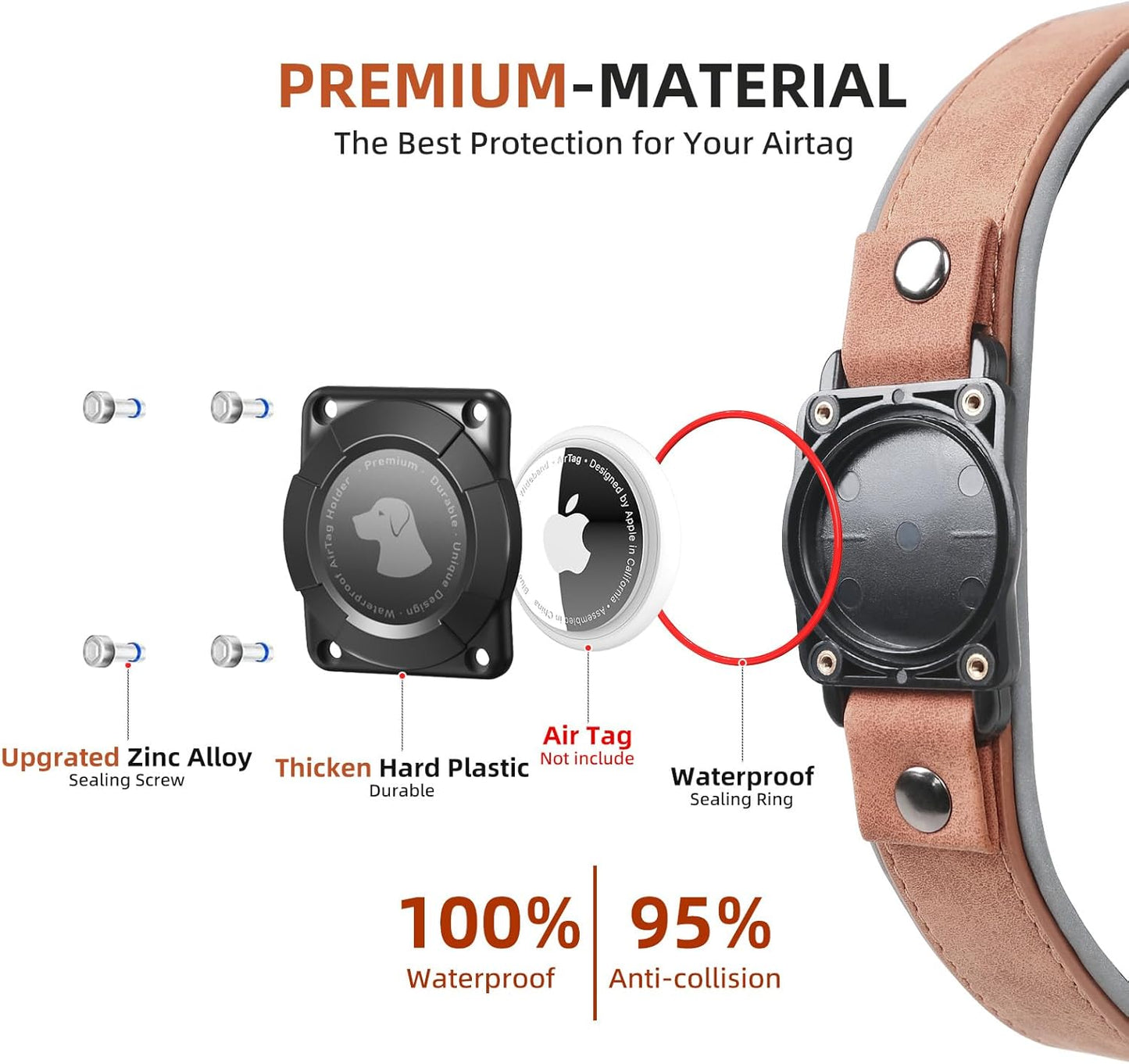 AirTag Dog Collar - Leather Dog Collar with Air Tag Holder | IPX8 Waterproof, Reflective, High - End, Adjustable Soft Padded | Dog GPS Tracker Collars Fit for Medium Large Dogs (MahoganyBrown, M)