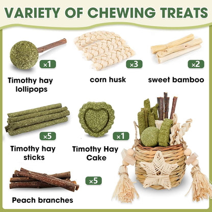 Natural Reedgrass Chew Toy Basket for Small Pets – Hanging Rodent Dental Toys with Hay Lollipop, Apple Sticks, Sweet Bamboo (Hamsters, Rabbits, Chinchillas, Guinea Pigs)