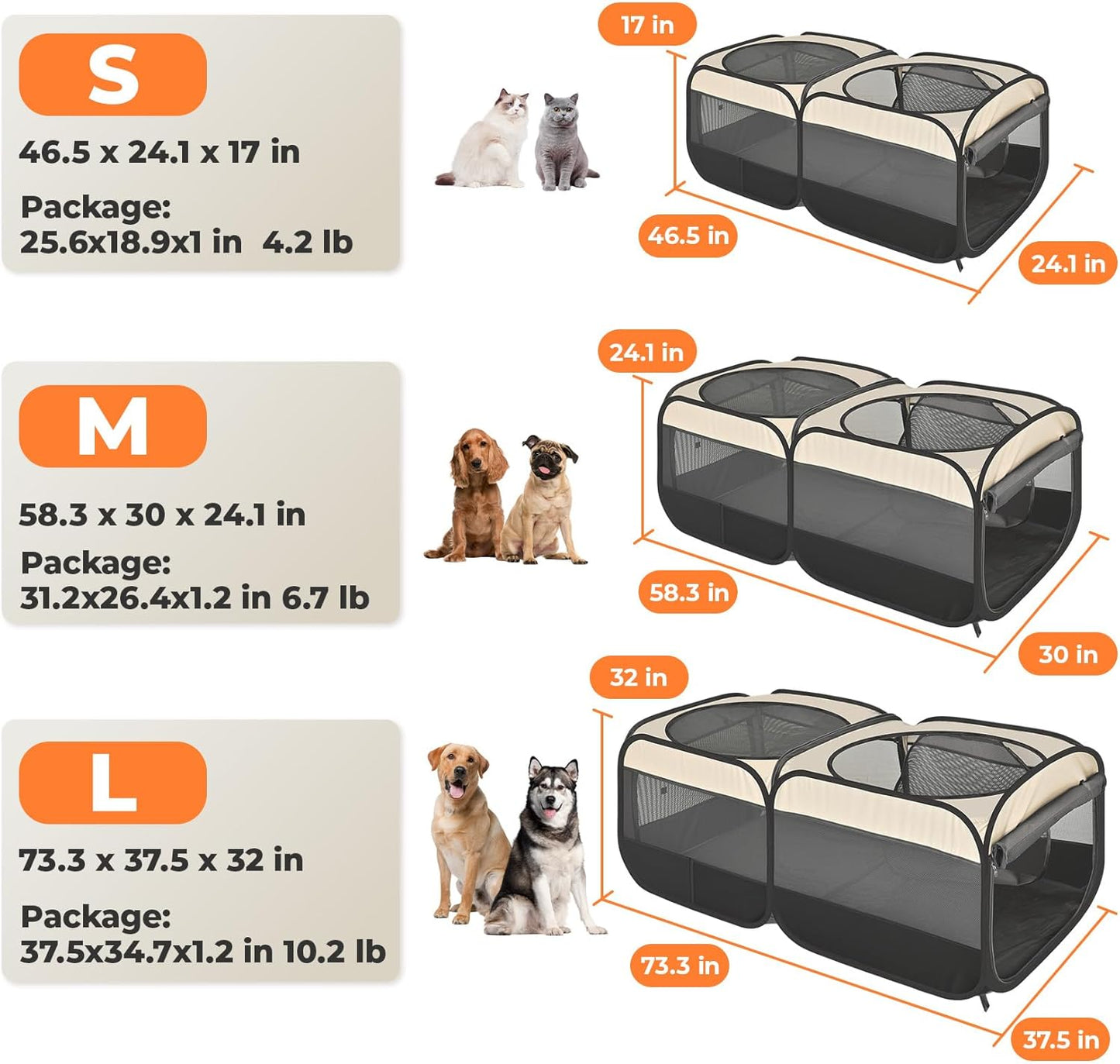 2-in-1 Pop Up Puppy Playpen, Detachable into 2 Separate Pens with Additional Doors, Assembly-Free Portable Cat Dog Crates Pet Pen Tent Kennel Kitten Enclosure Cage Indoor Outdoor Foldable Condo(L)