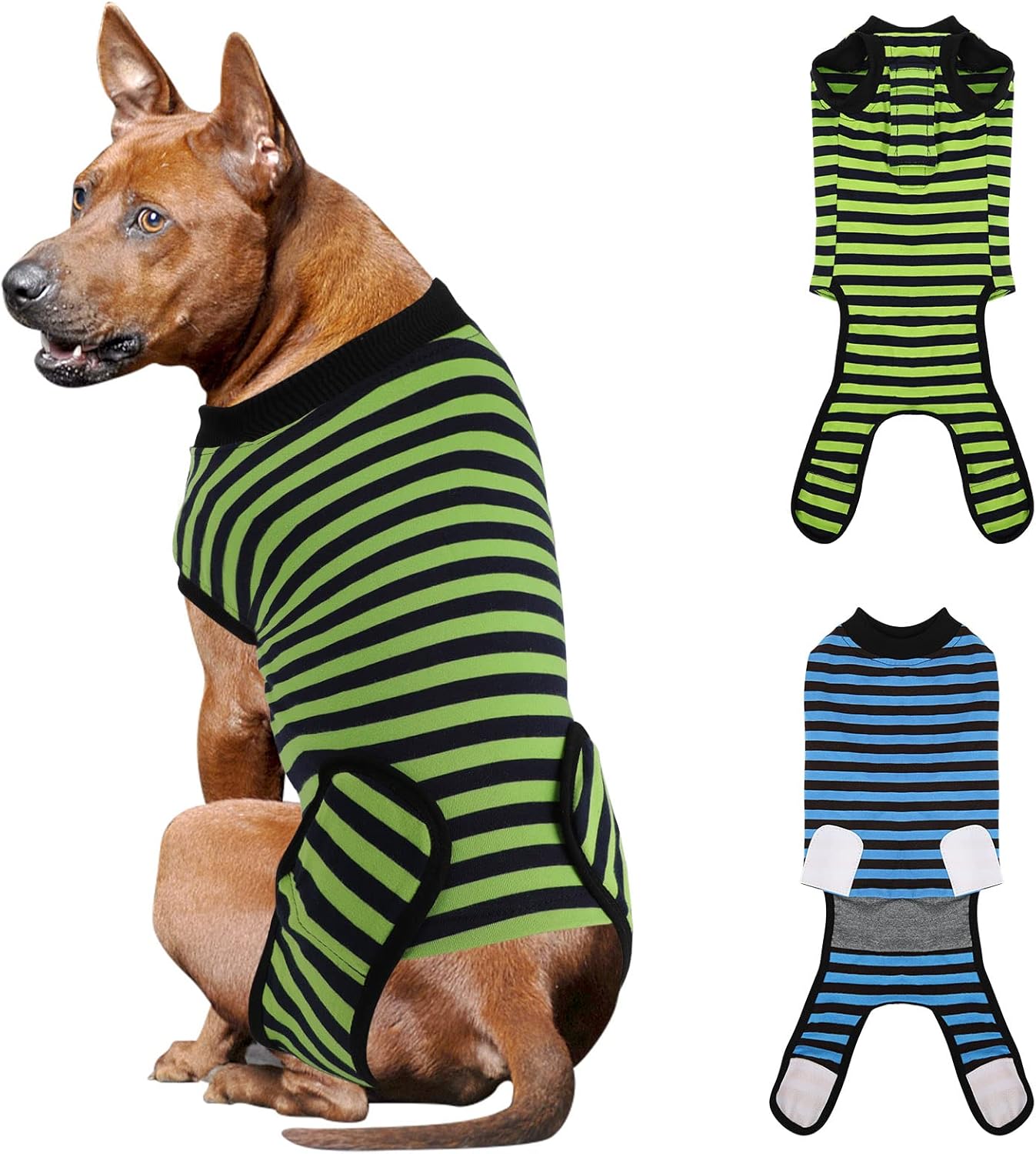 2 Packs Breathable Cotton Dog Recovery Suit for After Neuter Spay Abdominal Wounds Protector, Professional Anti-Licking Onesies for Male Female Pets Surgery Bandages, XL Blue & Green Stripes