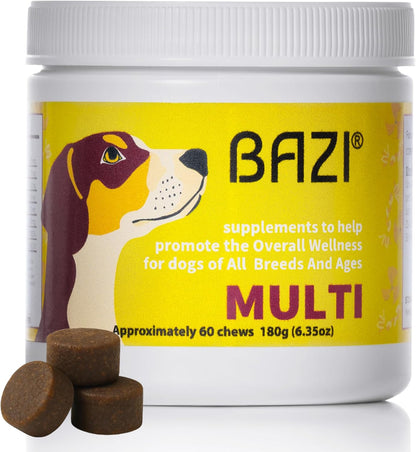 BAZI Multi Dog Chews – Comprehensive Health Supplement with Glucosamine, Probiotics, Salmon Oil, Ashwagandha & Mushrooms – Daily Well-Being, Skin & Coat, Digestion, and Vitality Support for All Dogs
