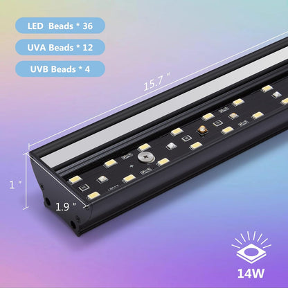 16-INCH LED UVB Light for Reptiles, LED Reptile Light Fixture Controller with Dimming and 4 UVI Modes, 14W Aluminum UVA UVB Lamp for Turtles, Snakes, and Bearded Dragons, 6500K