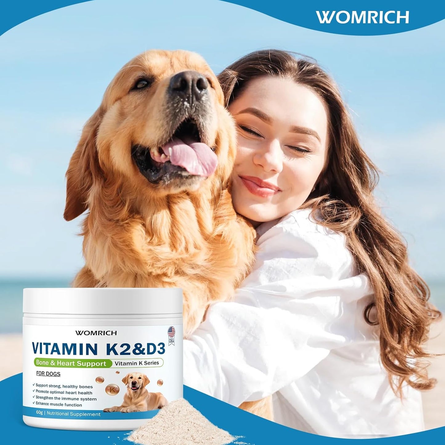 Vitamin K2 & D3 Supplement for Dogs – 60g | Vitamin Complex Supports Strong Bones, Cardiovascular Health, & Immune Function | Vitamins K for Dogs, Vitamins K1 & K2 (MK4 & MK7) + Vitamins D3