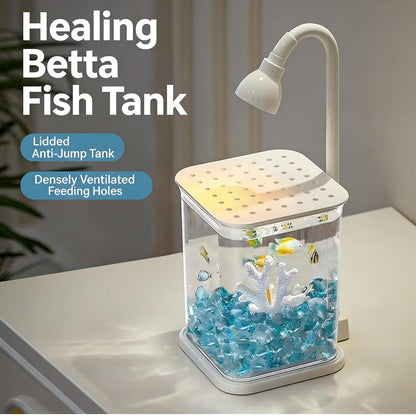 Betta Isolation & Breeding Starter Kit - 0.6Gallon Small Desktop Aquarium with LED Light, Heater, Clean Sponge, Plants, Luminous Stones, 6-in-1 Test Strips - for Betta Fish, Small Fish, Shrimp