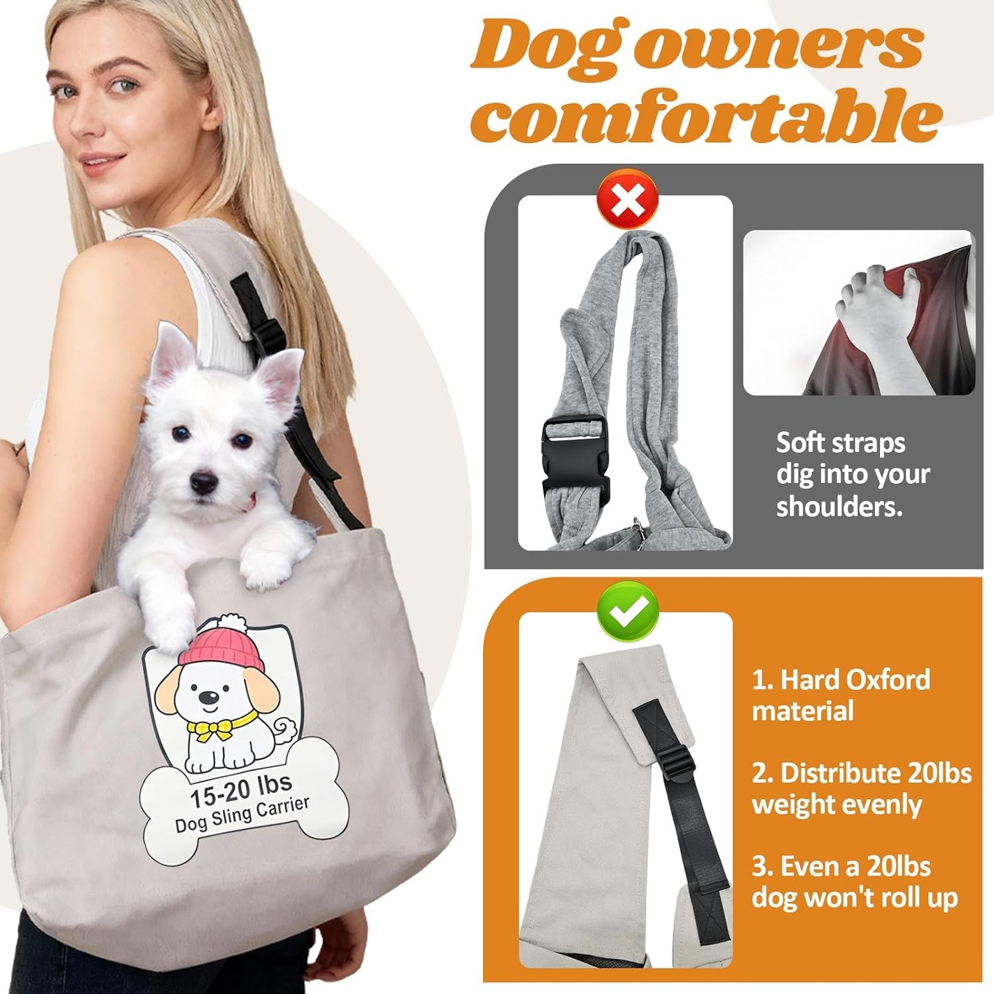 Dog Sling Carrier for 15-20lbs Fits French Bulldog, Westie, Golden Retriever Puppies, Corgi – Hands-Free Outdoor Carrier with Adjustable Oxford Strap, Hard Bottom Panel with Soft Cushion