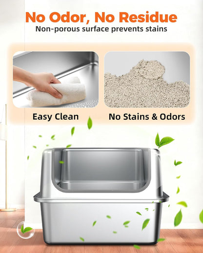 PETNF All Stainless Steel Cat Litter Box, High Sided Large Metal Litter Box - Leak-Proof, Anti-Litter Tracking, Easy Clean for Big Cats, Multi-Cat Households, 24" L x 18" W x 12" H (1 Pack)