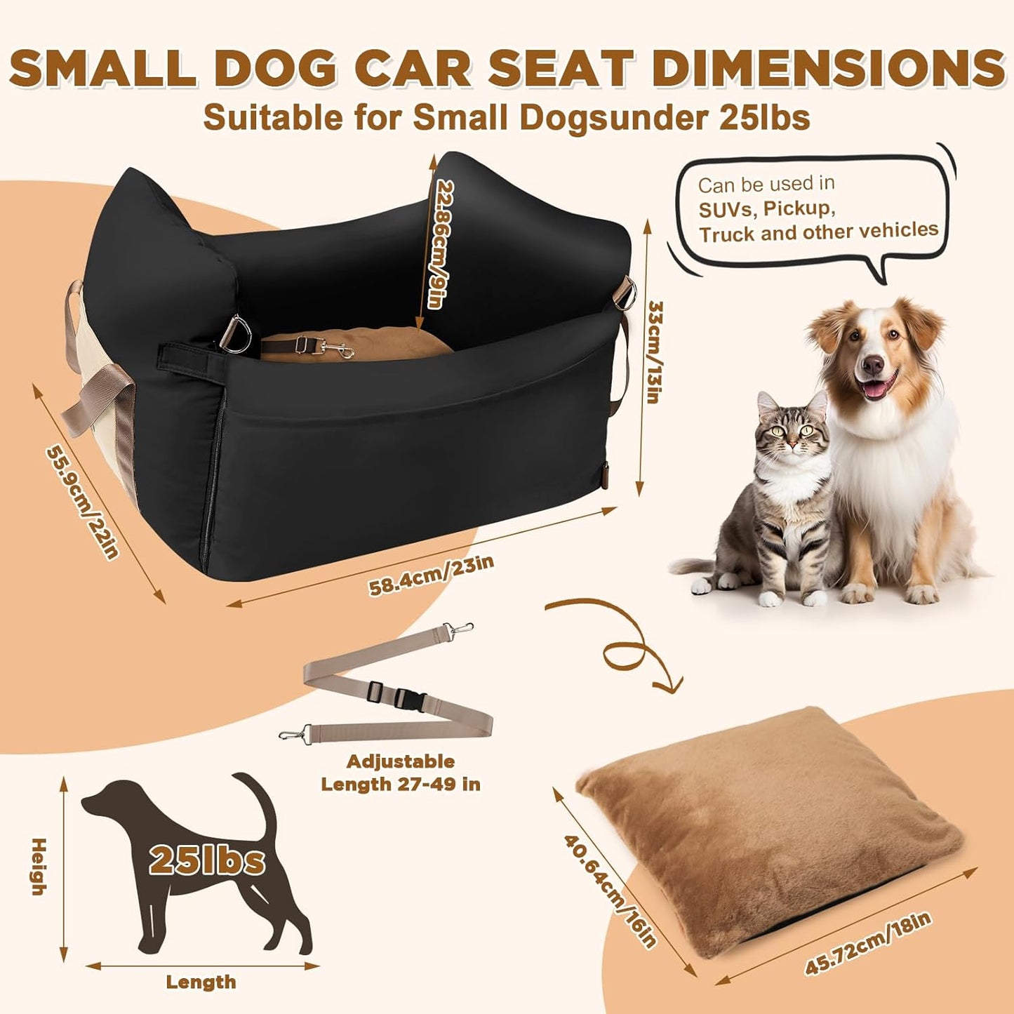 Small Dog Car Seat, Waterproof Pet Booster Seat for Car with Side Handles and a Storage Pocket, Clip-On Safety Leash and PP Cotton Filling, Vehicle Bed for Small to Medium Dogs up to 25lbs (Black)