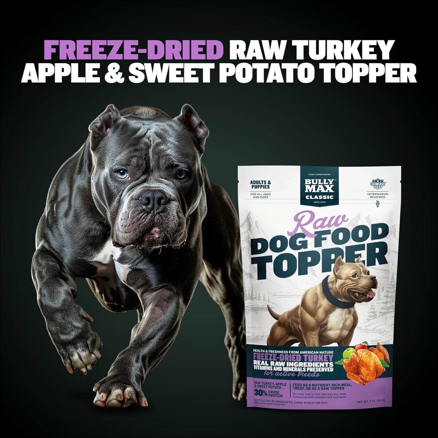 Bully Max Freeze-Dried Turkey Raw Dog Food Toppers for Puppies and Adult Dogs - Nutrient-Rich Meal Enhancers with Vitamins & Minerals for Small and Large Dog Breed - 3 Pack Puppy Treat or Dog Meal