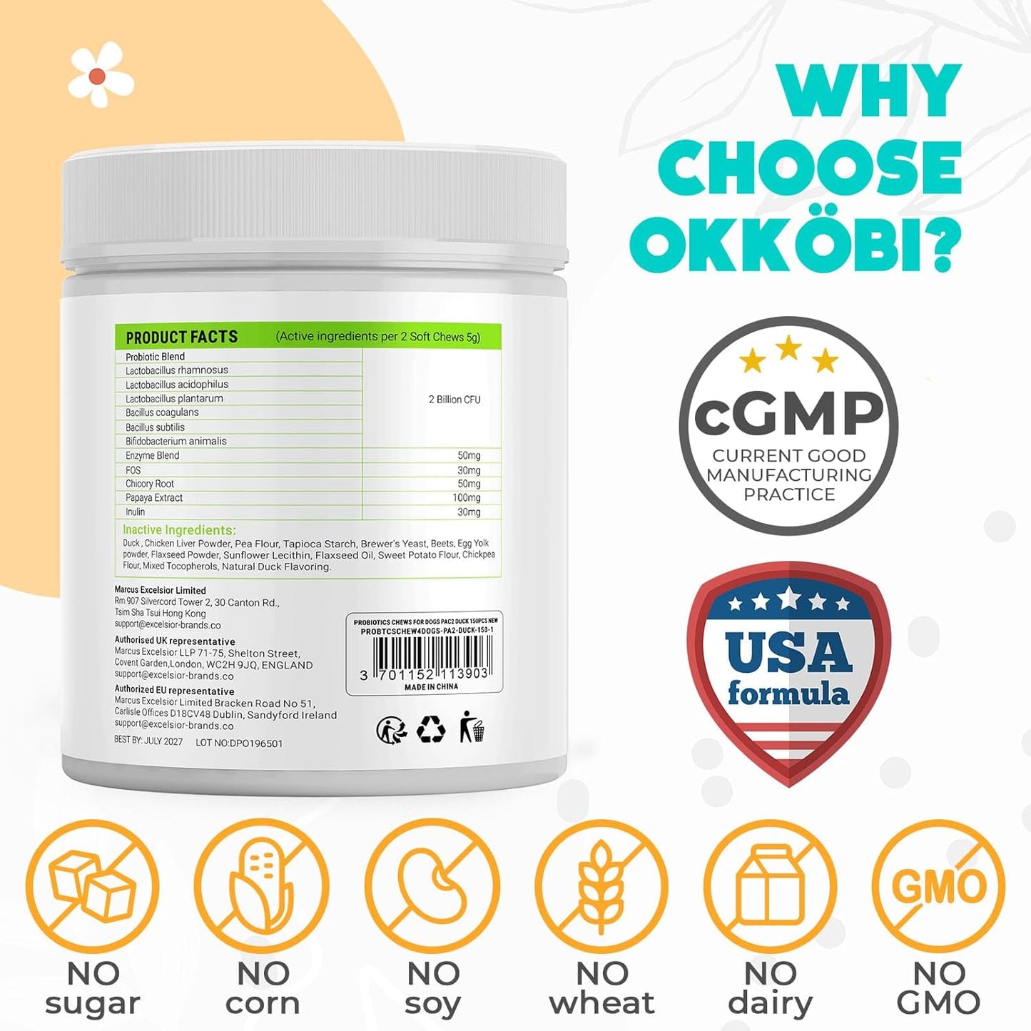 Probiotics for Dogs Chews 150 pcs - Probiotic Chews for Dogs with Enzymes & Natural Ingredients - Digestive & Gut Health Support - US Formula - Duck Flavored