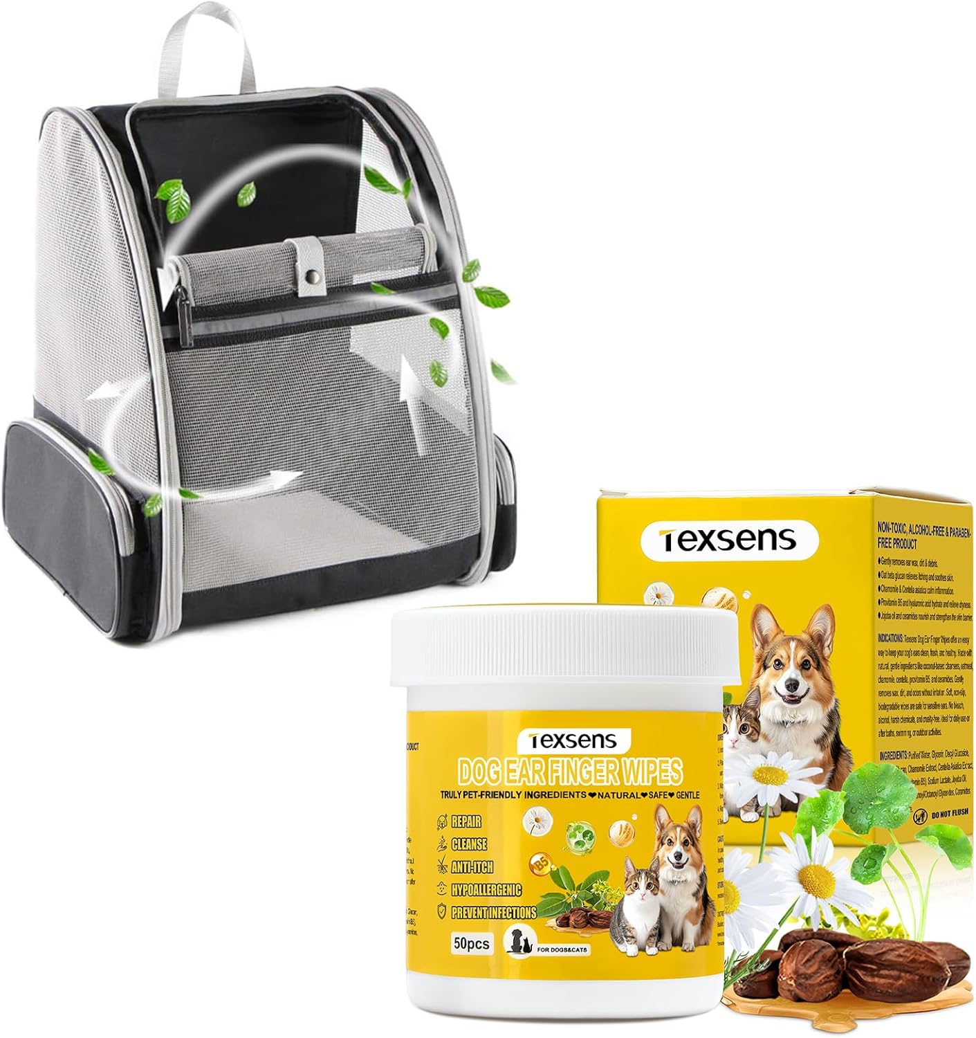 Texsens Pet Backpack(Black) & Ear Care Wipes Combo‌