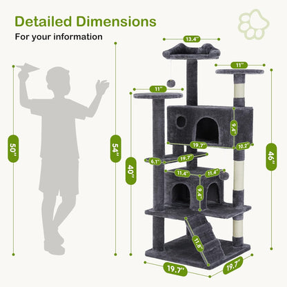 DUMOS 54-inch Indoor Cat Tree Tower –Multi-Level Pet House for Large Cats with 2 Condos, Scratching Posts, Round Platform, Small Ladder, and Toys – Perfect for Cats of All Ages, Dark Grey