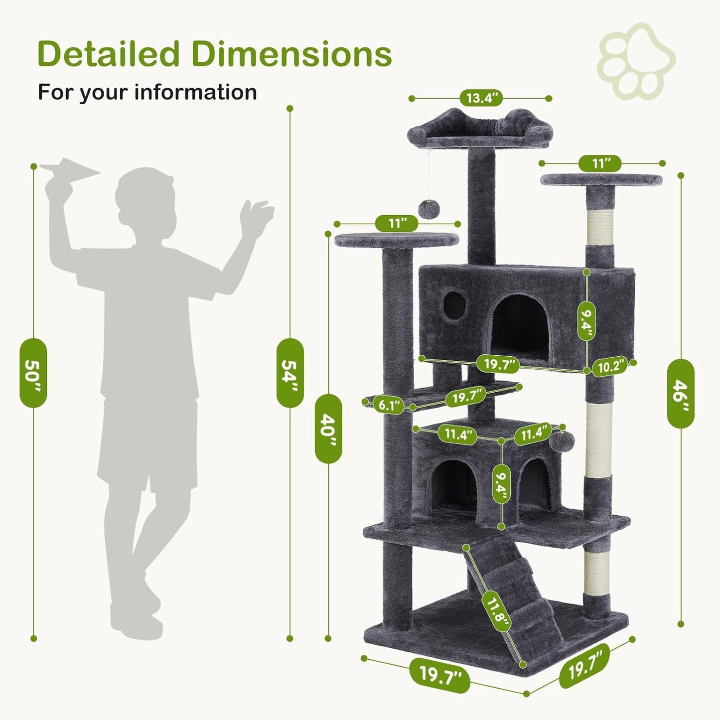 DUMOS 54-inch Indoor Cat Tree Tower –Multi-Level Pet House for Large Cats with 2 Condos, Scratching Posts, Round Platform, Small Ladder, and Toys – Perfect for Cats of All Ages, Dark Grey