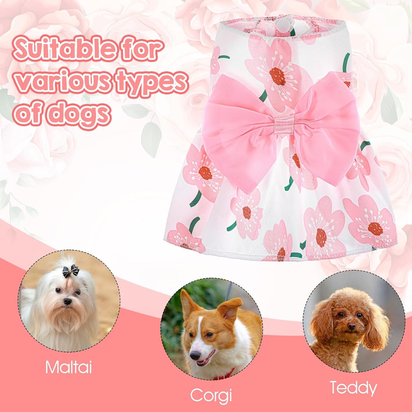 Dog Floral Dress, Cute Dog Dresses with Pink Bow, Pet Princess Dresses, Pink Floral Dogs Cat Clothes, Spring Summer Pet Clothes for Chihuahua, Yorkie, Puppy and Small Cats (XS Size)