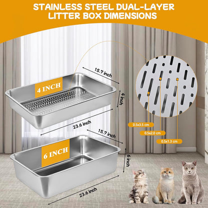 23.6''x15.7''x6'' Stainless Steel Sifting Litter Box, XL Large Metal Sifting Cat Litter Box for Pine Pellets, Litter Pan Tray System for Indoor Cats with Scoop and Pee Pad, Easy to Clean(6 Inch)