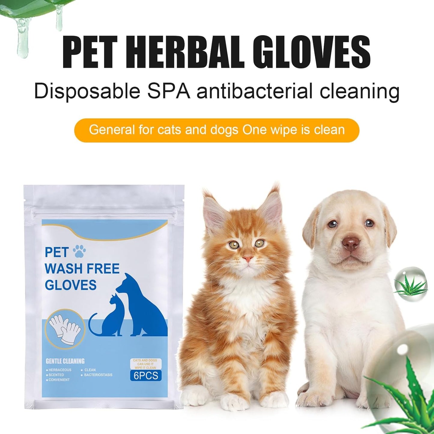 Pet Wash Free Grooming Gloves, 6Pcs Cleaning Cat Dog Wipes for Face, Ear, Eye, Paws Pet Body Rinse Free Gloves, No Rinse Thick Extra Puppy Wipes, Disposable Plant-Based Dog Bath Wipes