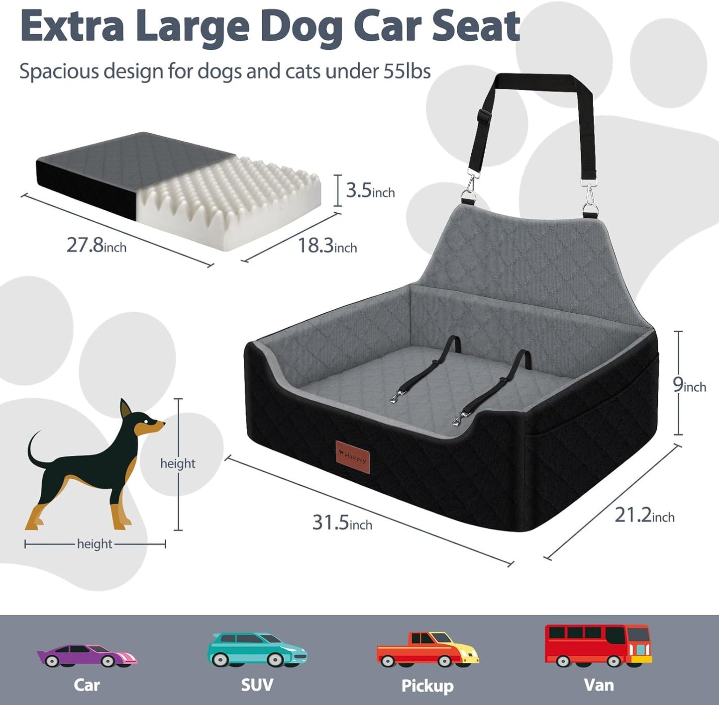 Dog Car Seat for Medium Large Dogs Under 55lbs, Detachable and Washable Dog Booster Seats with Thick Cushion, Pet Travel Bed for Car with Storage Pockets and 2 Safety Belts