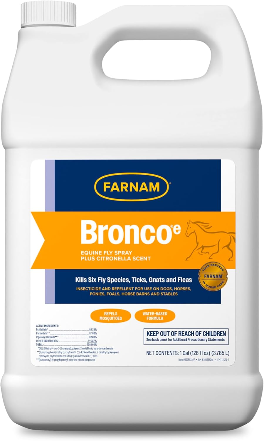 Farnam Broncoe Fly Spray Plus Citronella for Horses, Dogs & Premises – Kills Flies, Ticks, Fleas, Lice & Mosquitoes – Water-Based, Non-Oily Multi-Purpose Insecticide – 128 oz