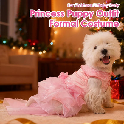 ASENKU Dog Dress, Dog Wedding Dress Skirt with Detachable Hemline, Princess Lace Puppy Christmas Birthday Party Outfit Formal Costume with Sequins Bow for Medium Large Dogs (Pink, Large)