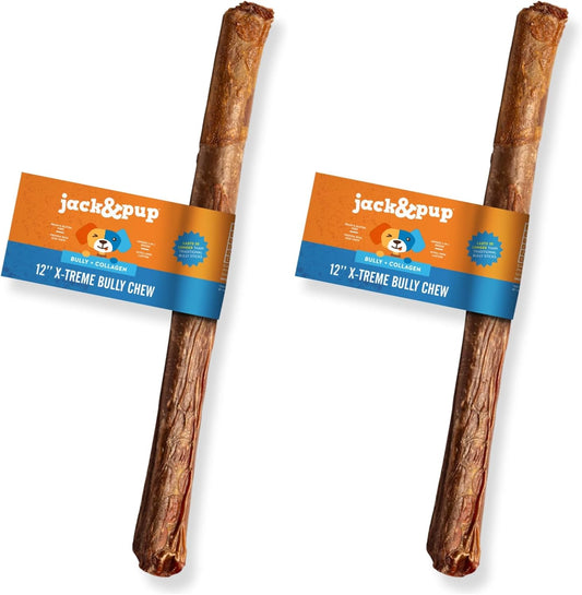 Jack&Pup 12" X-treme Bully Sticks for Large Dogs | Collagen + Pizzle Sticks for Dogs | 3X Longer Lasting for Aggressive Chewers (1 Count) (Pack of 2)