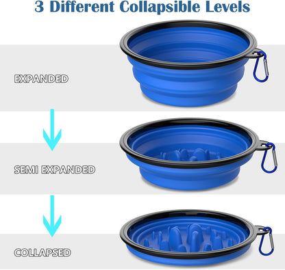 Takfox Collapsible Dog Bowls [2 Pack] 34 oz, Slow Feeder Bowl, Travel Dog Bowls Pet Portable Foldable Water Food Feeding Dishes with Carabiner Clip for Traveling Hiking Walking-Black & Blue
