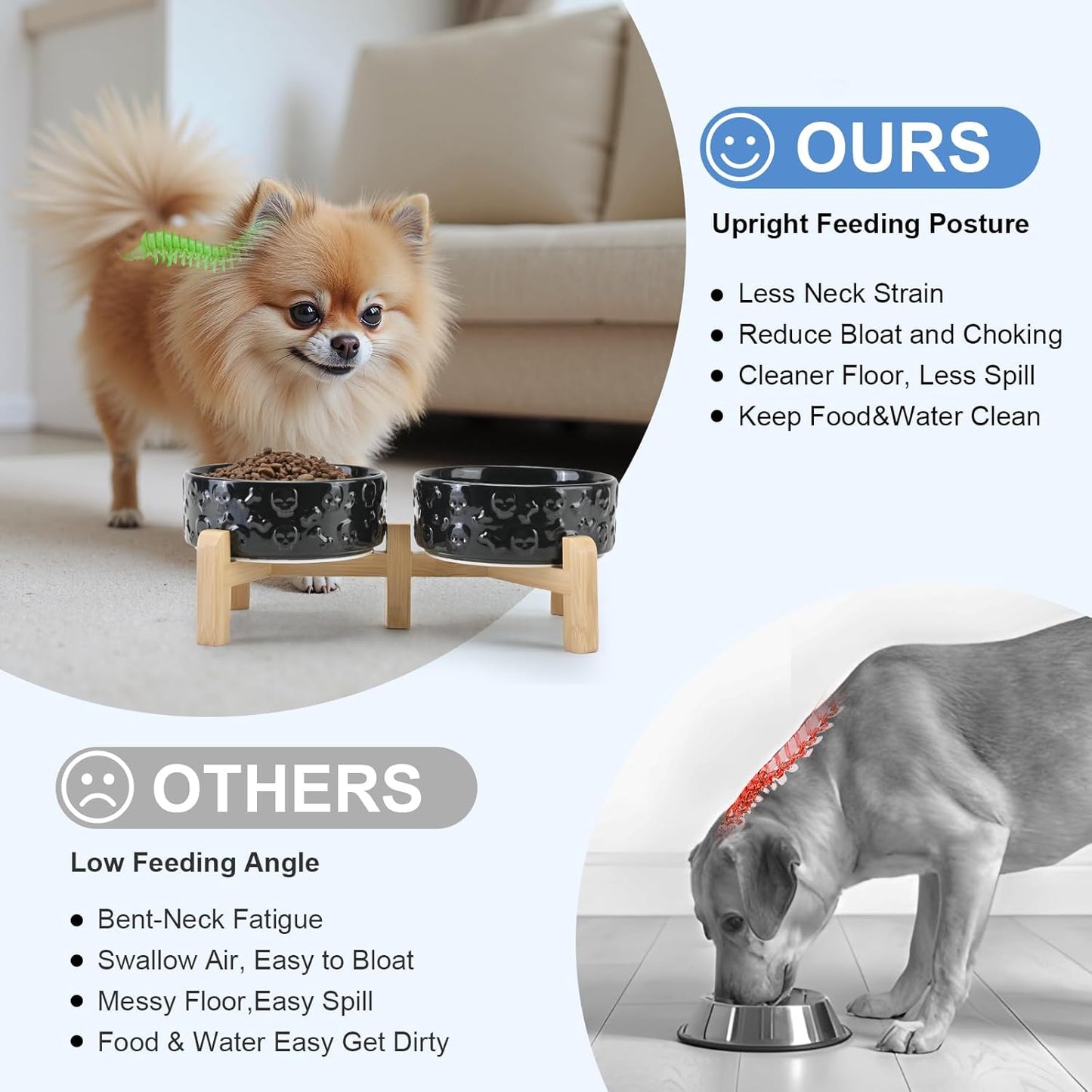 SPUNKYJUNKY Elevated Dog Bowls Ceramic, 5.1'' Dogs and Cat Food Water Bowls Raised with Non-Slip Bamboo Stand for Puppy Small Sized Breed Microwave Dishwasher Safe - 13.5 OZ,Skull Black