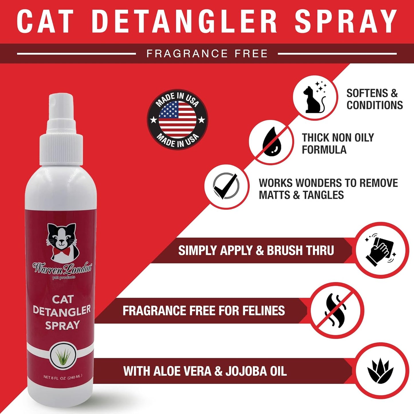 Warren London Cat Detangler Spray for Matted Hair | Leave in Conditioner Pet Detangling Spray That Demat & Refreshes | Use with Cat Brush or Grooming Glove | Made in USA | 8oz