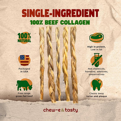 chew-e&tasty Braided Collagen Chews for Dogs (12 Inch, 5 Pack), Odor Free, All Natural Dog Chews, Long Lasting w/Chondroitin & Glucosamine. Bully Sticks and Rawhide Alternative for Medium, Large Dogs