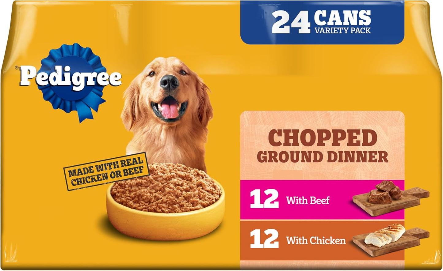 Pedigree Chopped Ground Dinner Wet Dog Food Chicken & Beef Variety Pack, (24) 13.2 oz. Cans