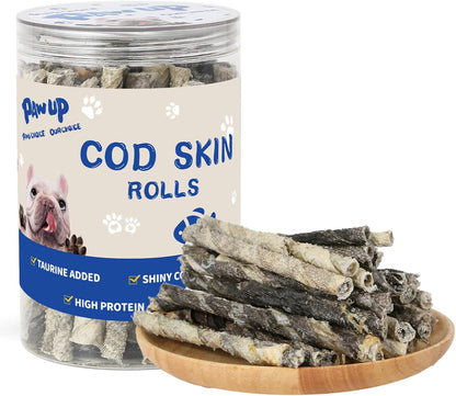 PAWUP Cod Skin Rolls Dog Treats Natural High Omega 3 Dog Snacks, Single Ingredient Cod Skin Chews for Small Dogs w/Taurine, 8 oz (30-35 Count)