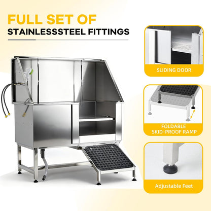 50" Dog Bathtub Professional 304 Stainless Steel – Right Door/Ramp, Faucet & Floor Grate, Pet Grooming Washing Station for Large/Medium/Small Pets
