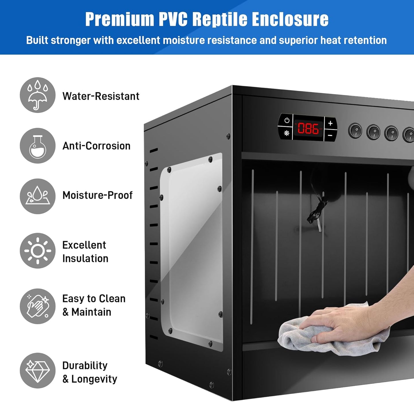 120 Gallon PVC Reptile Terrarium - Extra Large Reptile Tank with Intelligent Thermostat, Front Opening Bearded Dragon Tank Enclosure 47"x24"x24" with Carpet Mat and Sliding Door Handle for Snake Gecko