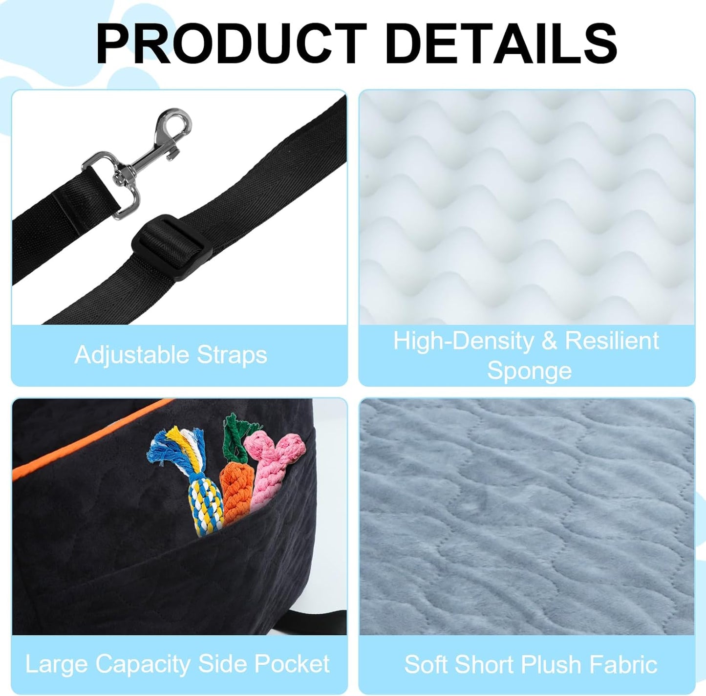 Dog Car Seat for Small/Medium Dogs Under 35lbs, Pet Booster Seat with 4In Memory Foam Cushion, Fully Detachable and Washable, Travel Dog Carseat with Storage Pocket and Safety Belt