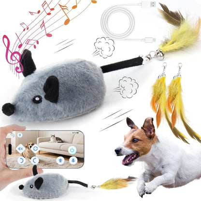 Interactive Dog Toys with Phone App, 2 Modes Remote Control Dog Toy, Dog Mouse Toy with Realistic Sound & Replacement Tails, Automatic Dog Toy for Small Medium Large Dogs, Squeaky Dog Toys Gray