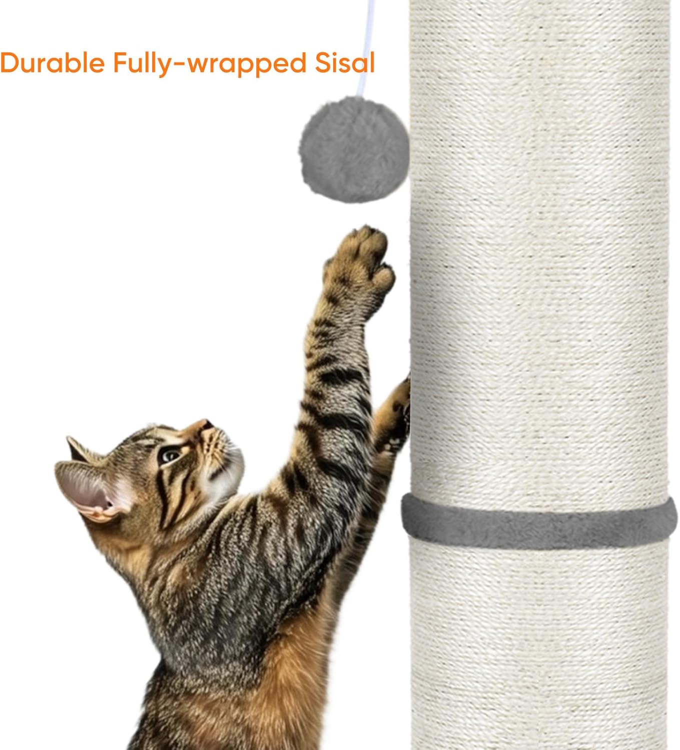 PAWSCRAT Cat Scratching Post 32" Tall, Large Diameter Natural Sisal Cat Scratch Post with Dangling Ball, Scratch-Resistant and Durable for Indoor Cats, Protect Your Furniture,Large/X-Large