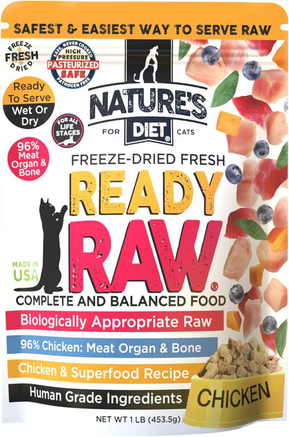Nature's Diet Ready Raw : Freeze-Dried Raw Cat Food, Chicken, Human Grade, High Pressure Pasteurized (HPP), 96% Meat, Organ, Bone, Safe & Natural, Dry or Wet Feeding