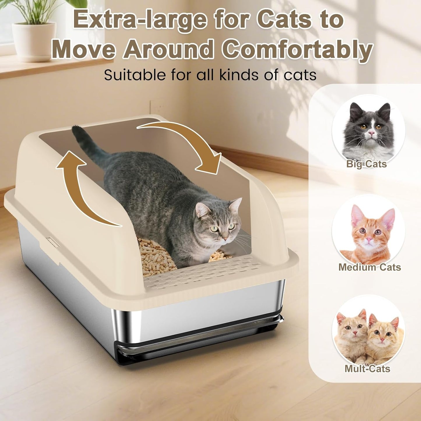 23.6"x16"x12" Stainless Steel Sifting Litter Box with Lid, XL Sifting Litter Box for Pine Pellets Less Tracking, High Sides Metal Litter Tray with Removable Drawer Pan, Anti-Leakage, Easy Cleaning