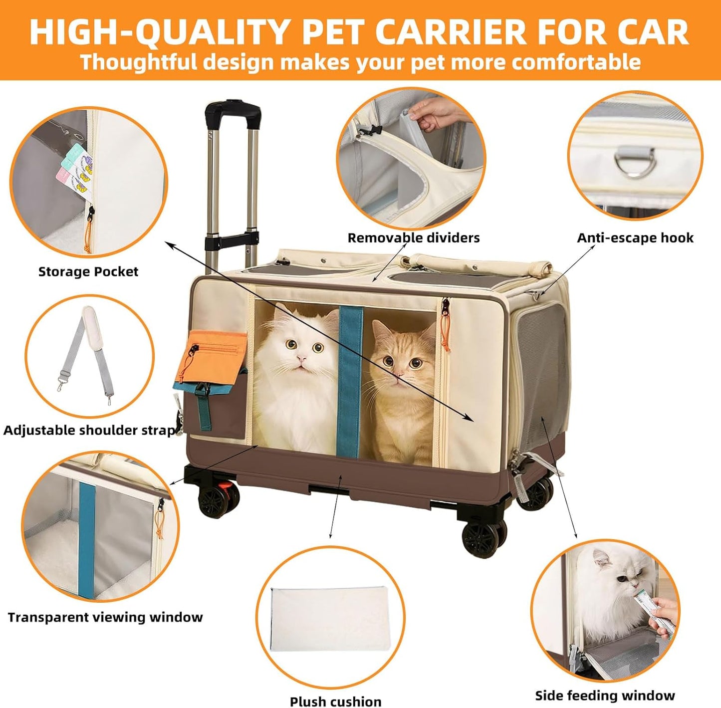 Large Cat Carrier with Wheels for 2 Cat, Double Rolling Pets Carrier on Wheel, Folding Soft-Sided Carriers with Telescopic Handle, Shoulder Strap Removable Soft-Sided Bag for Car, Vet, Outing