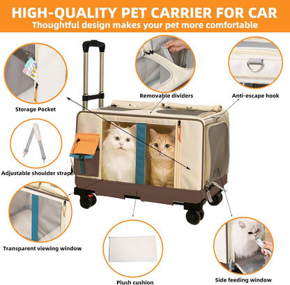 Large Cat Carrier with Wheels for 2 Cat, Double Rolling Pets Carrier on Wheel, Folding Soft-Sided Carriers with Telescopic Handle, Shoulder Strap Removable Soft-Sided Bag for Car, Vet, Outing