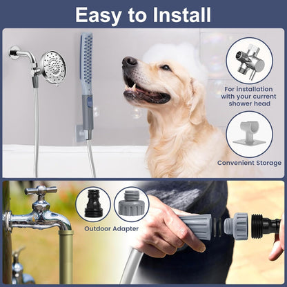 Dog Shower Attachment, Dog Shower With Metal Diverter, Pet Shower Attachment for Fast and Easy Dog Bathing, 3 Spray Modes One-Button Switch 8-Foot Hose For Indoor and Outdoor