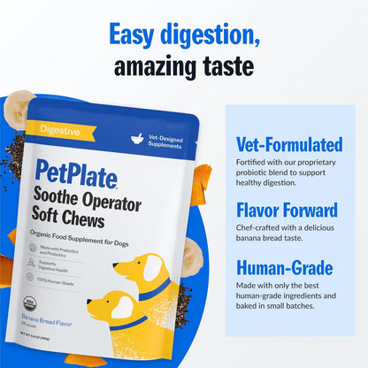 PetPlate Soothe Operater Digestive Soft Chews for Dogs, Made with Prebiotics & Probiotics, USDA Organic Supplement, Grain-Free, Human-Grade, Pet Supplies, (Pack of 1, 9.8 Ounce)