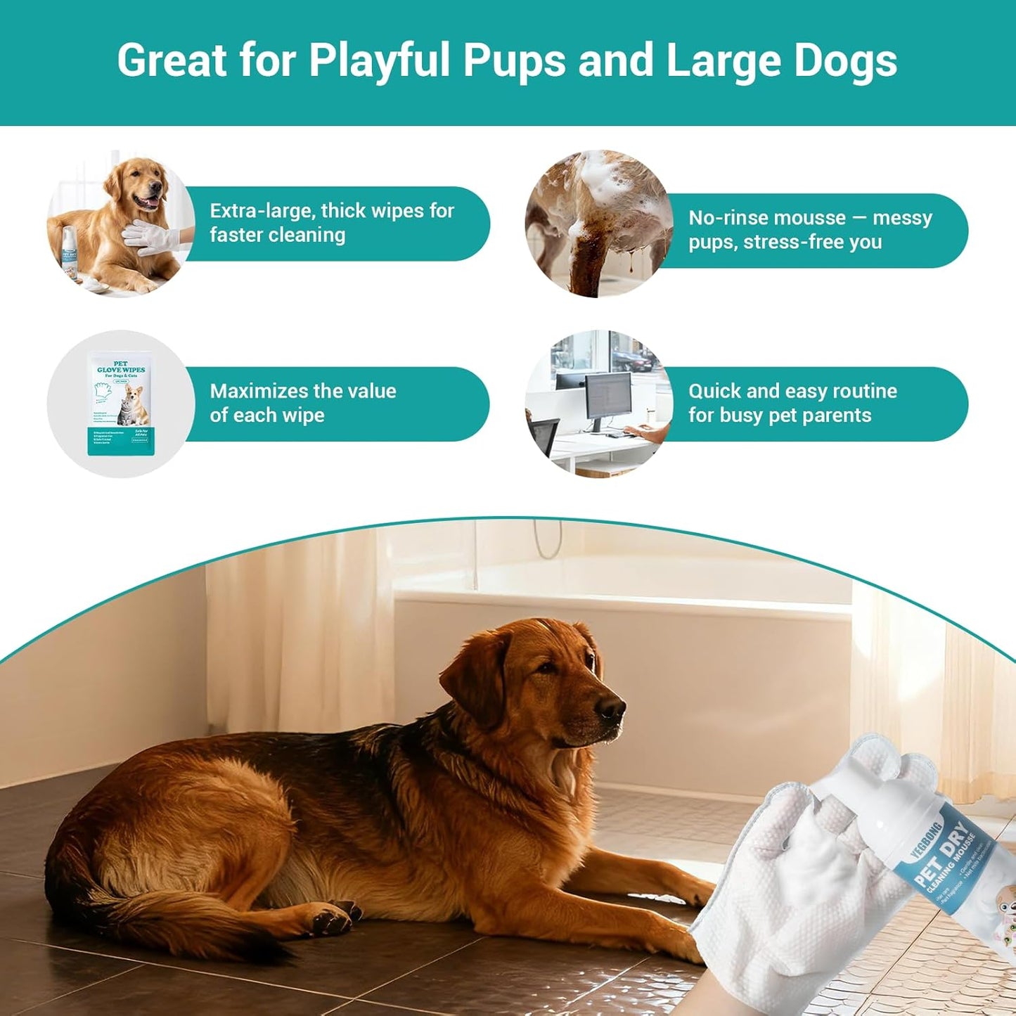 Pet Glove Wipes for Dogs & Cats – Extra Thick Rinse-Free Mittens, Hypoallergenic, Cleansing & Deodorizing, Optional No-Rinse Foam Mousse for Deeper Cleaning, Ideal for Playful & Large Dogs